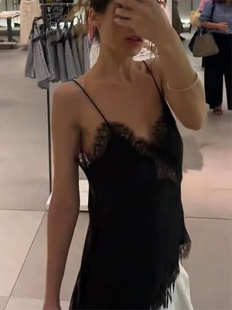 Summer Women Halter Top Satin Lace Spliced Tank Backless Deep Neck Sexy Vest Irregular Hem Vestidos 2025 Lady Vacation Sexy Tops