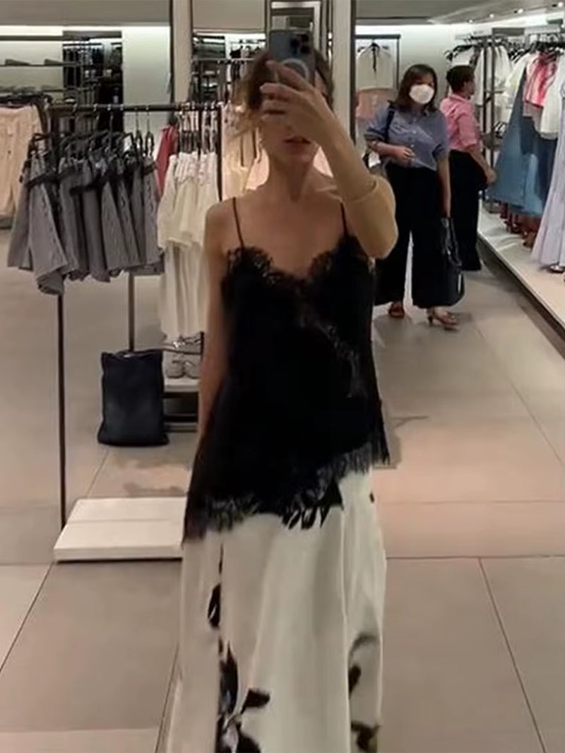 Summer Women Halter Top Satin Lace Spliced Tank Backless Deep Neck Sexy Vest Irregular Hem Vestidos 2025 Lady Vacation Sexy Tops