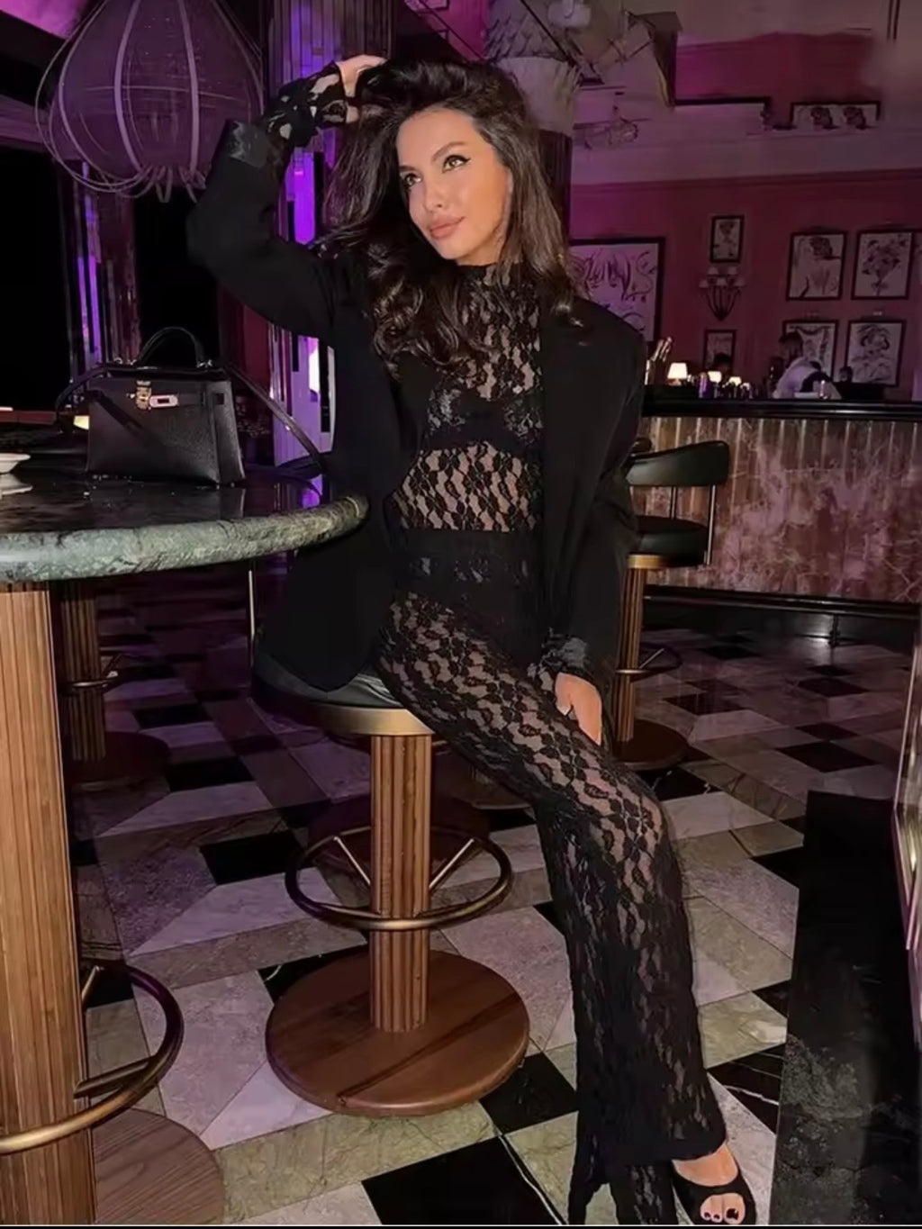 Women'S Sexy Lace Set Split Design Slim Fit Long Sleeve Bodysuit Lace Translucent Tulle High Waisted Flared Pants Trousers