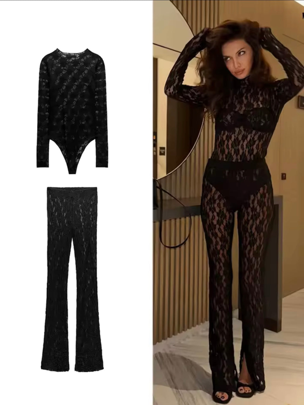 Women'S Sexy Lace Set Split Design Slim Fit Long Sleeve Bodysuit Lace Translucent Tulle High Waisted Flared Pants Trousers