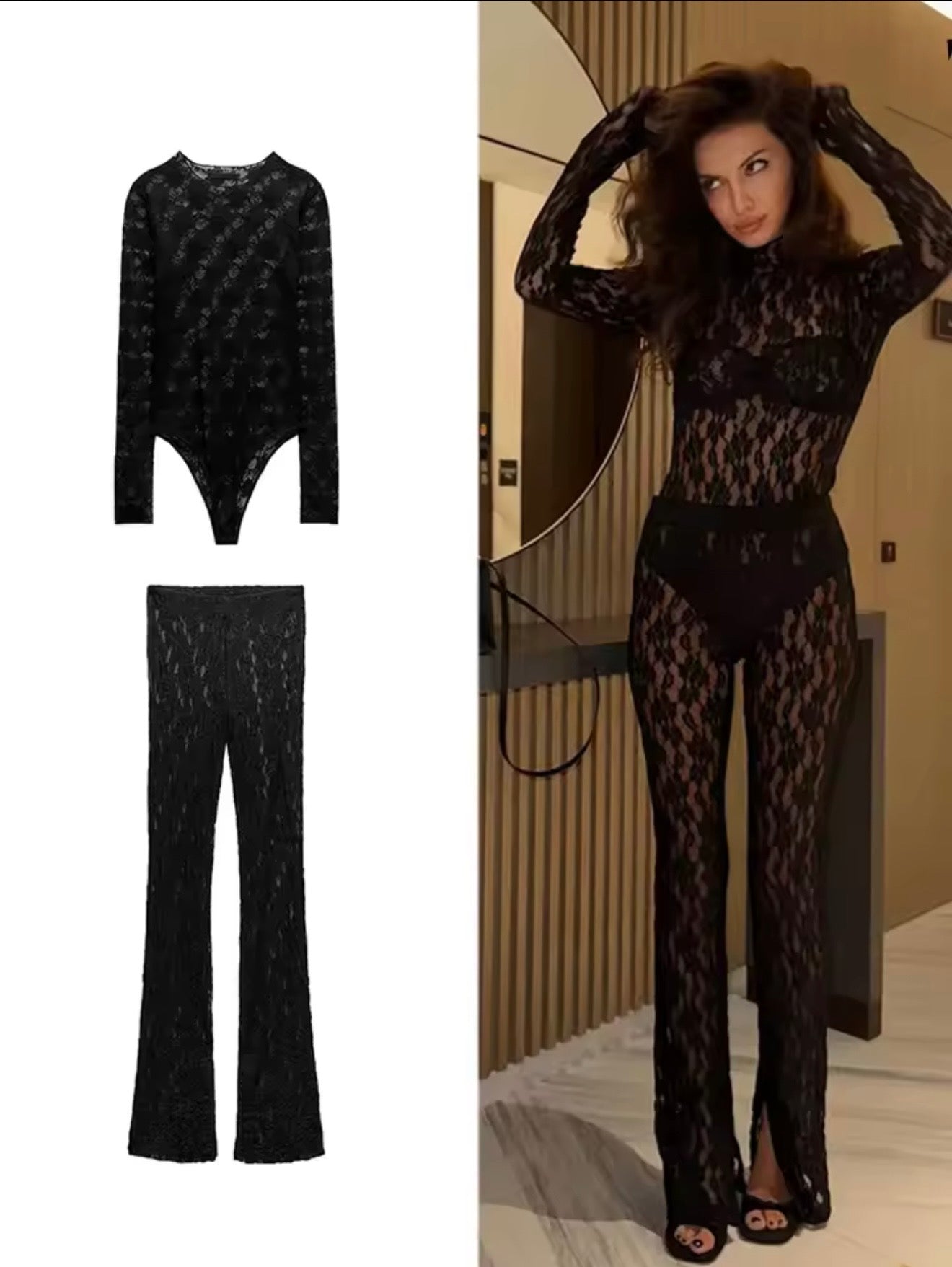 Women'S Sexy Lace Set Split Design Slim Fit Long Sleeve Bodysuit Lace Translucent Tulle High Waisted Flared Pants Trousers