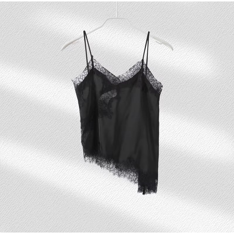 Summer Women Halter Top Satin Lace Spliced Tank Backless Deep Neck Sexy Vest Irregular Hem Vestidos 2025 Lady Vacation Sexy Tops