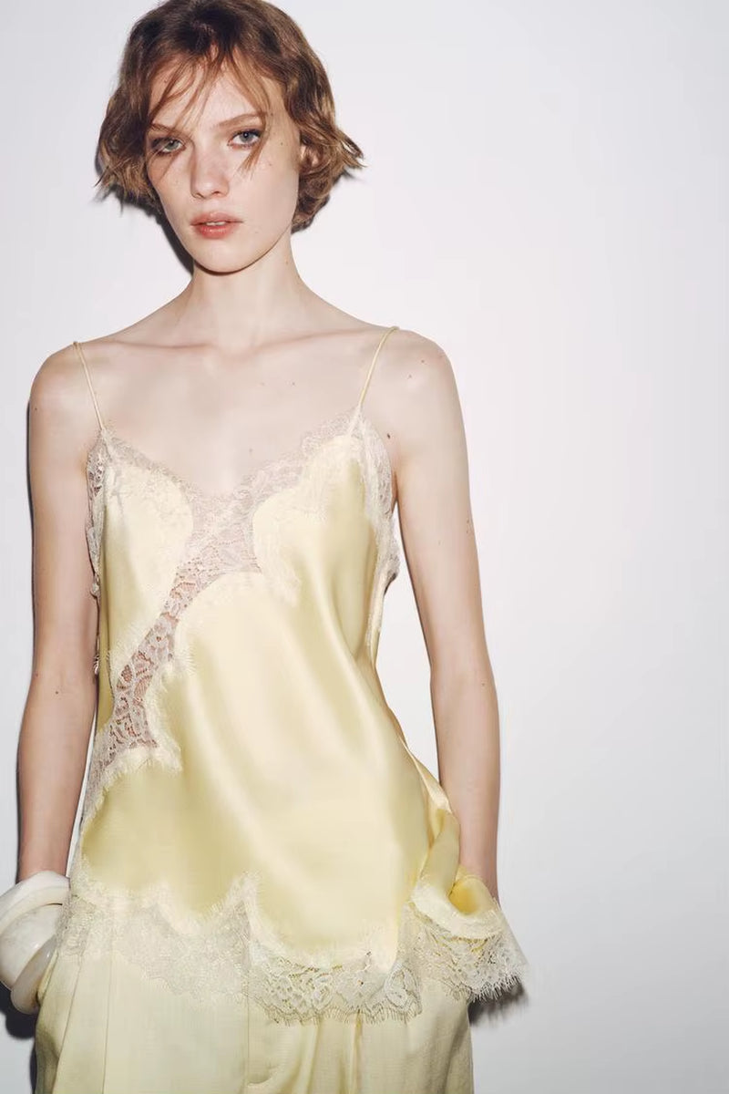 Summer Women Halter Top Satin Lace Spliced Tank Backless Deep Neck Sexy Vest Irregular Hem Vestidos 2025 Lady Vacation Sexy Tops