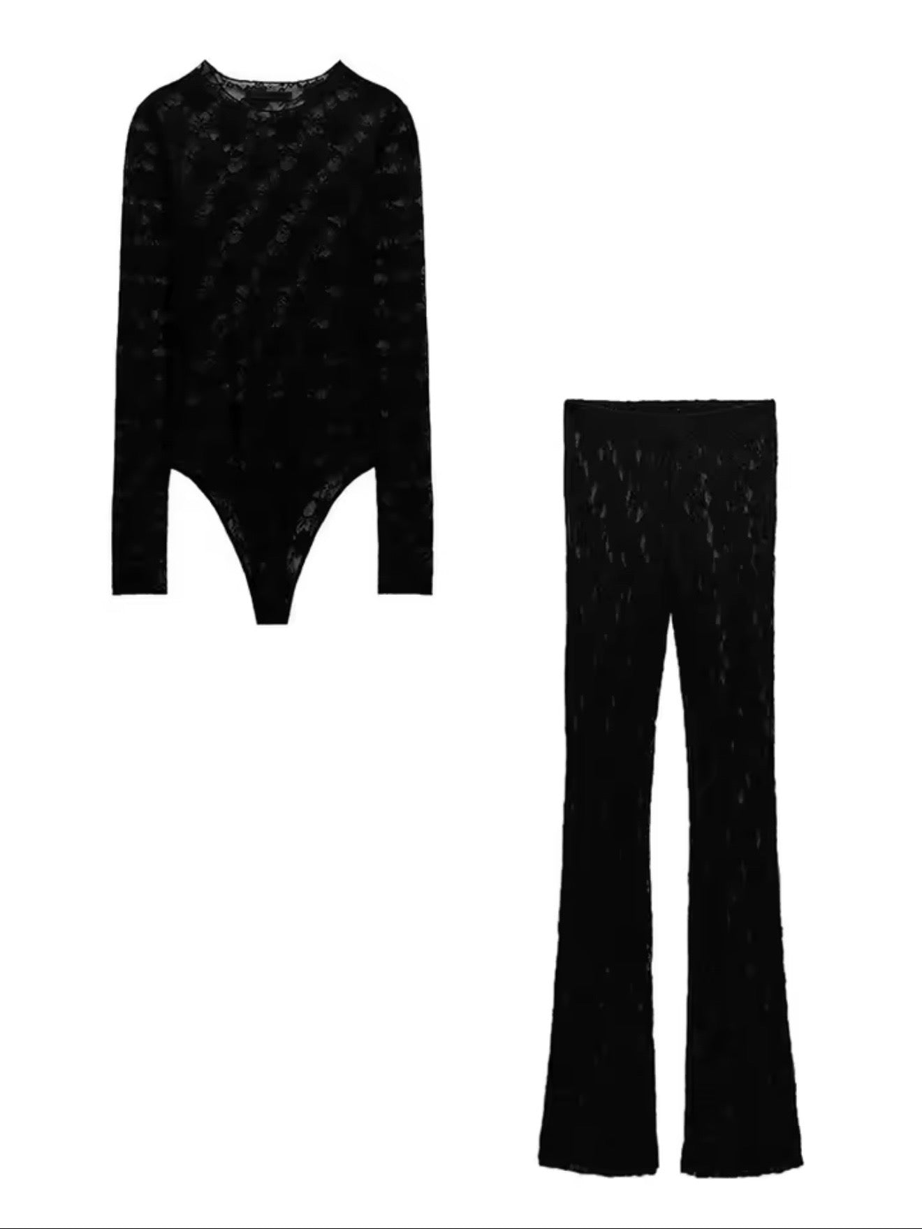 Women'S Sexy Lace Set Split Design Slim Fit Long Sleeve Bodysuit Lace Translucent Tulle High Waisted Flared Pants Trousers