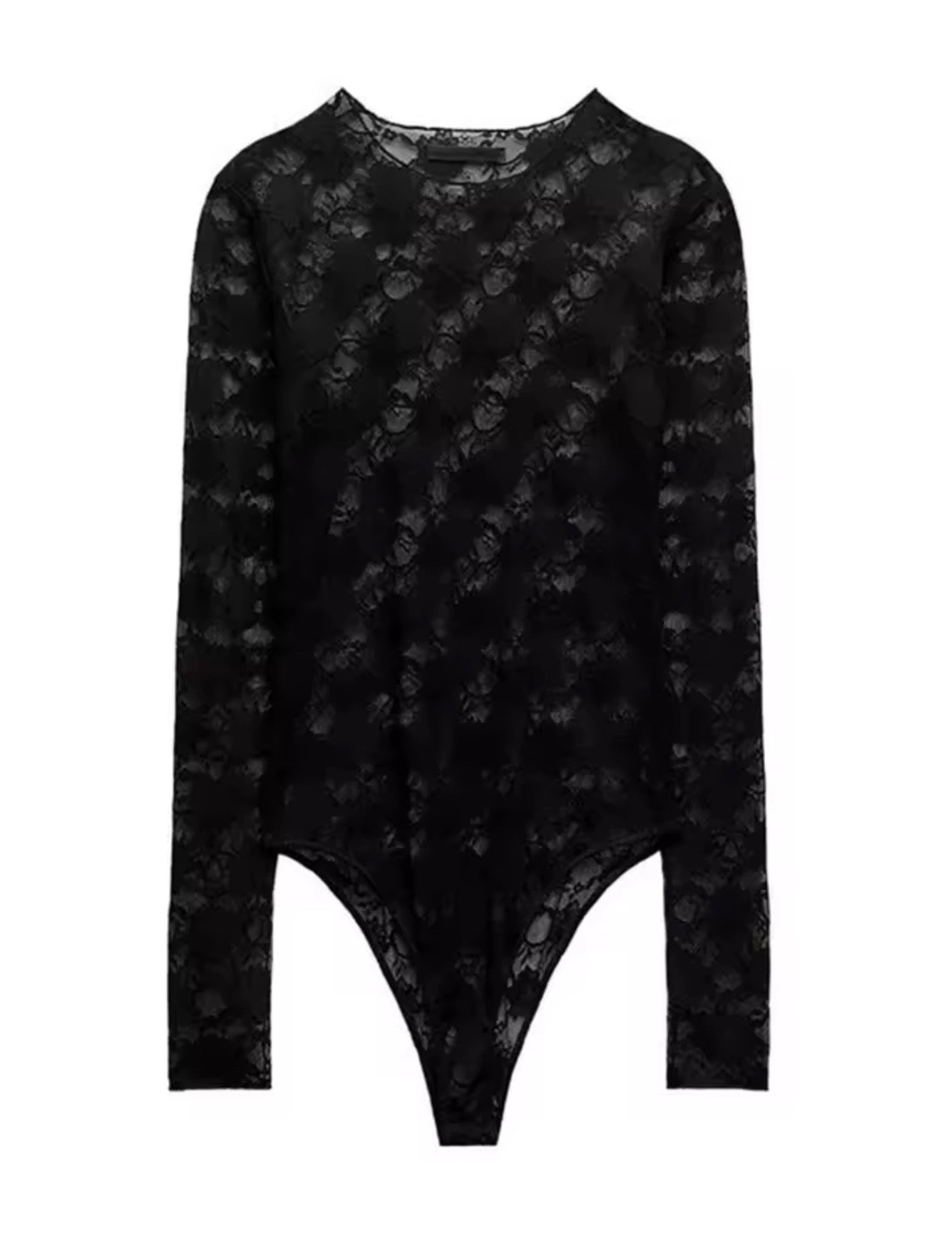 Women'S Sexy Lace Set Split Design Slim Fit Long Sleeve Bodysuit Lace Translucent Tulle High Waisted Flared Pants Trousers