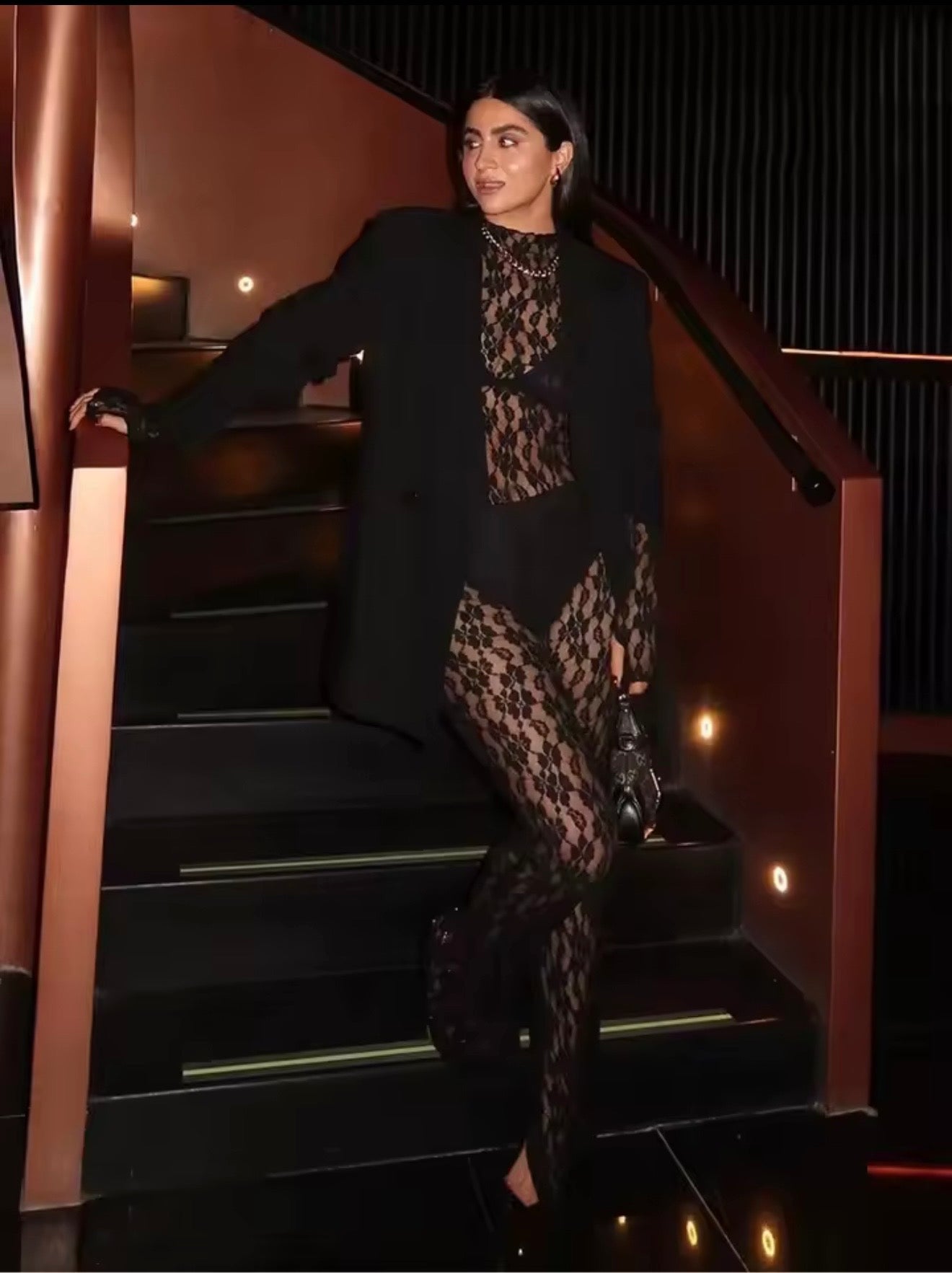 Women'S Sexy Lace Set Split Design Slim Fit Long Sleeve Bodysuit Lace Translucent Tulle High Waisted Flared Pants Trousers