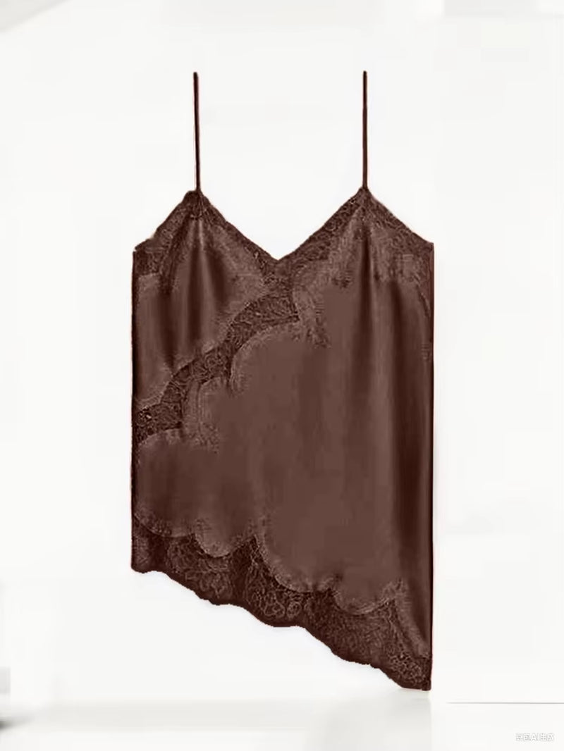 Summer Women Halter Top Satin Lace Spliced Tank Backless Deep Neck Sexy Vest Irregular Hem Vestidos 2025 Lady Vacation Sexy Tops